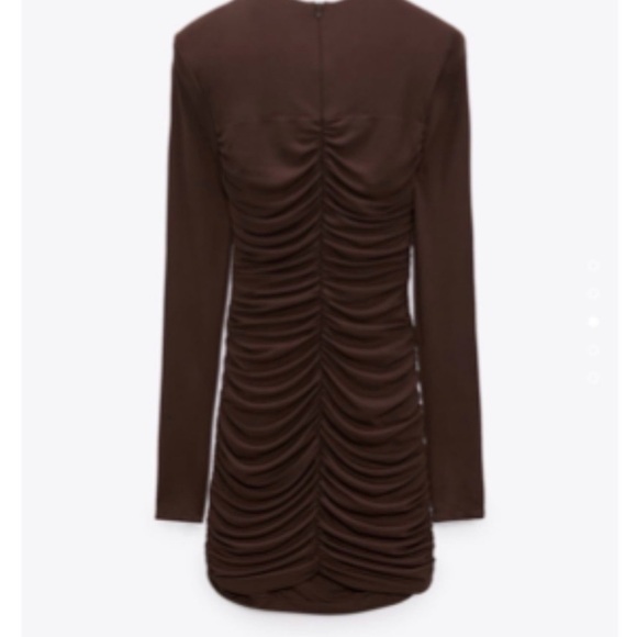ZARA S Brown Ruched Short Bodycon Dress Long Sleeve Boat Neck - Picture 3 of 5